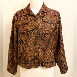 Chico’s Brown Gold Shimmer Tapestry SZ XL Wool Blend Boho Artsy Sequined Jacket